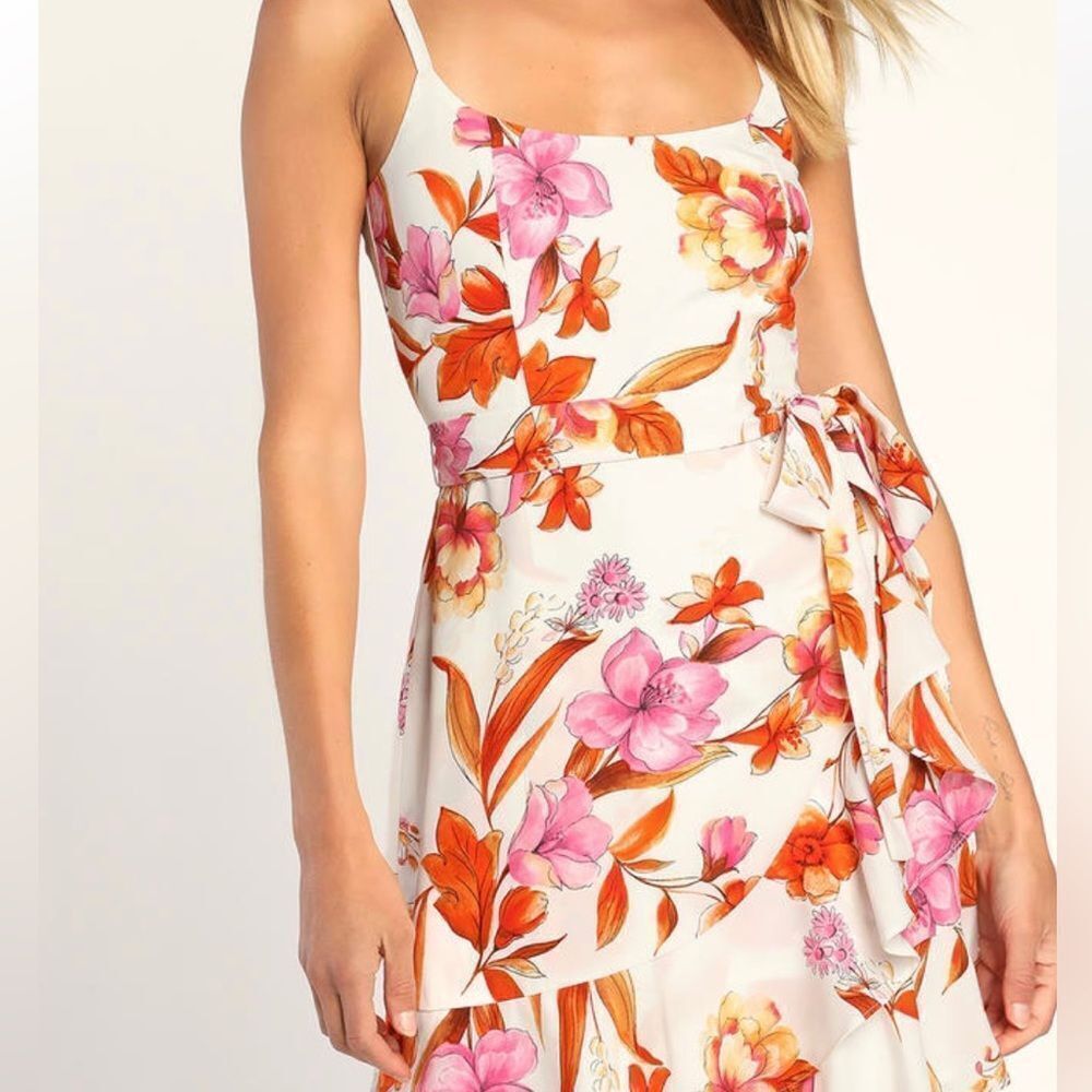 Lulus Wrapped Up White Floral Print Faux-Wrap Mini Dress XS NWT IN PACKAGING